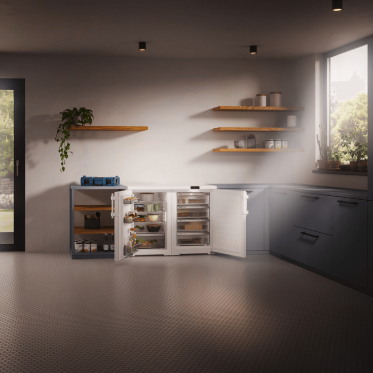 Close up of an open fridge and freezer under counter appliance in a homely kitchen