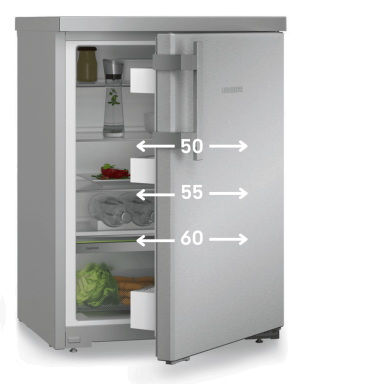 small fridge with partially open door and arrows going across the width of the appliance 