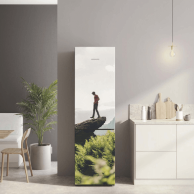 A person wallking a cliff on a fridge freezer  image in a modern bright kitchen