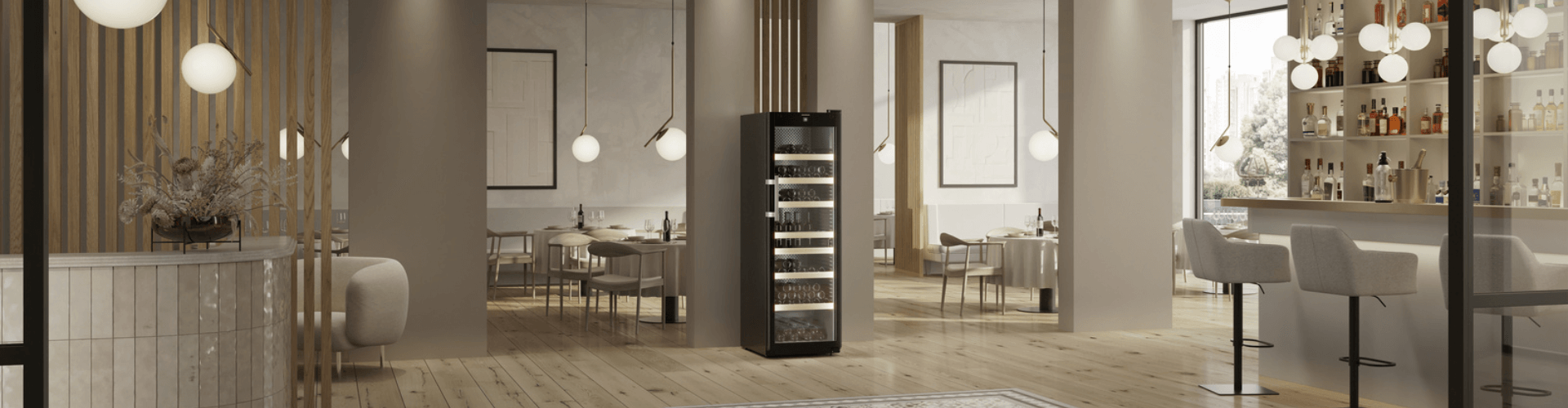 Wine fridge in a restaurant with a glass door showing shelves stocking wine bottles in a romantic lighting