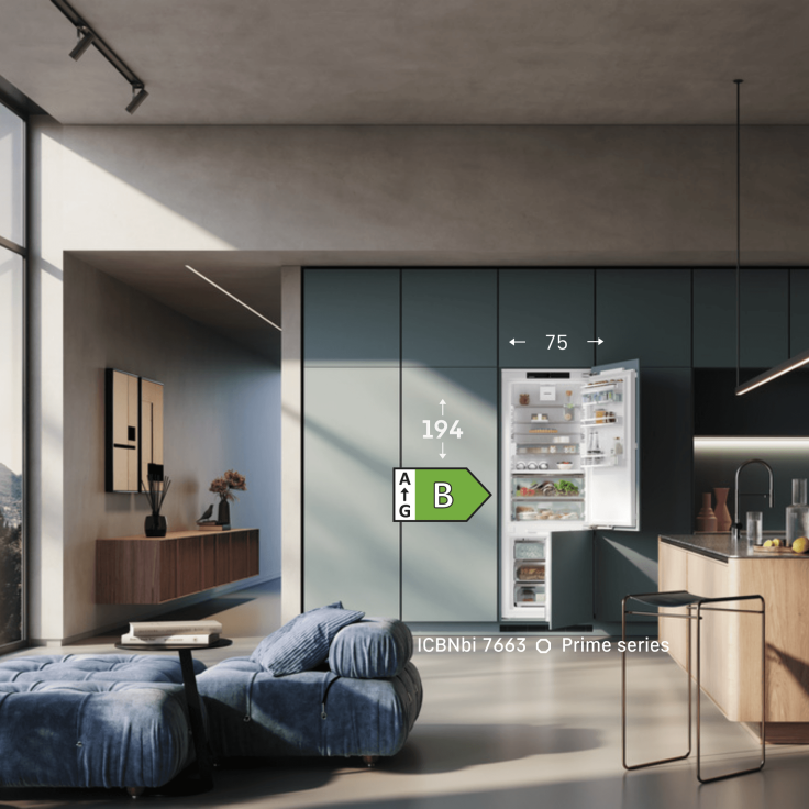 ICBNbi 7663 Liebherr fridge-freezer Open door Liebherr integrated fridge-freezer in a modern kitchen with icons showing the energy rating, height and width of the appliance.