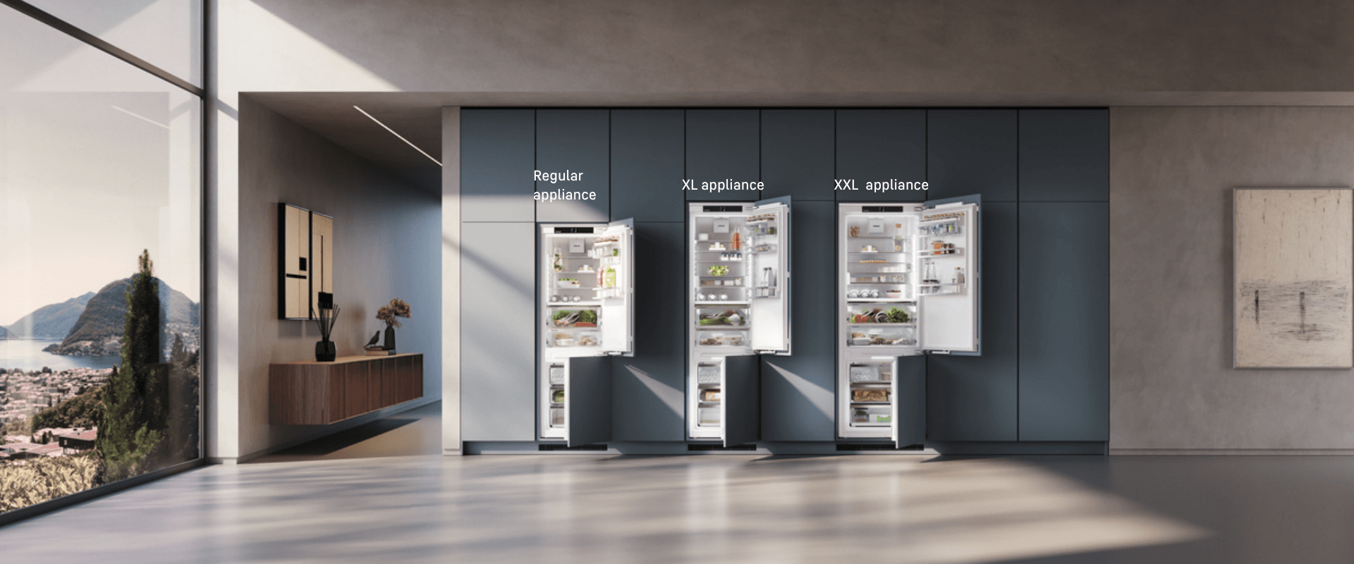 Three variations XXL and XL Three variations of the Liebherr appliance in height/ width order, showing the size difference of the new XL and XXL appliances vs our regular appliances