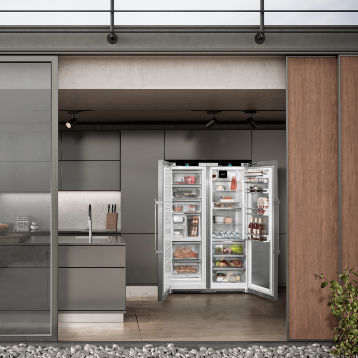 Sliding door revealing an open door fridge and freezer side by side in an open and airy kitchen