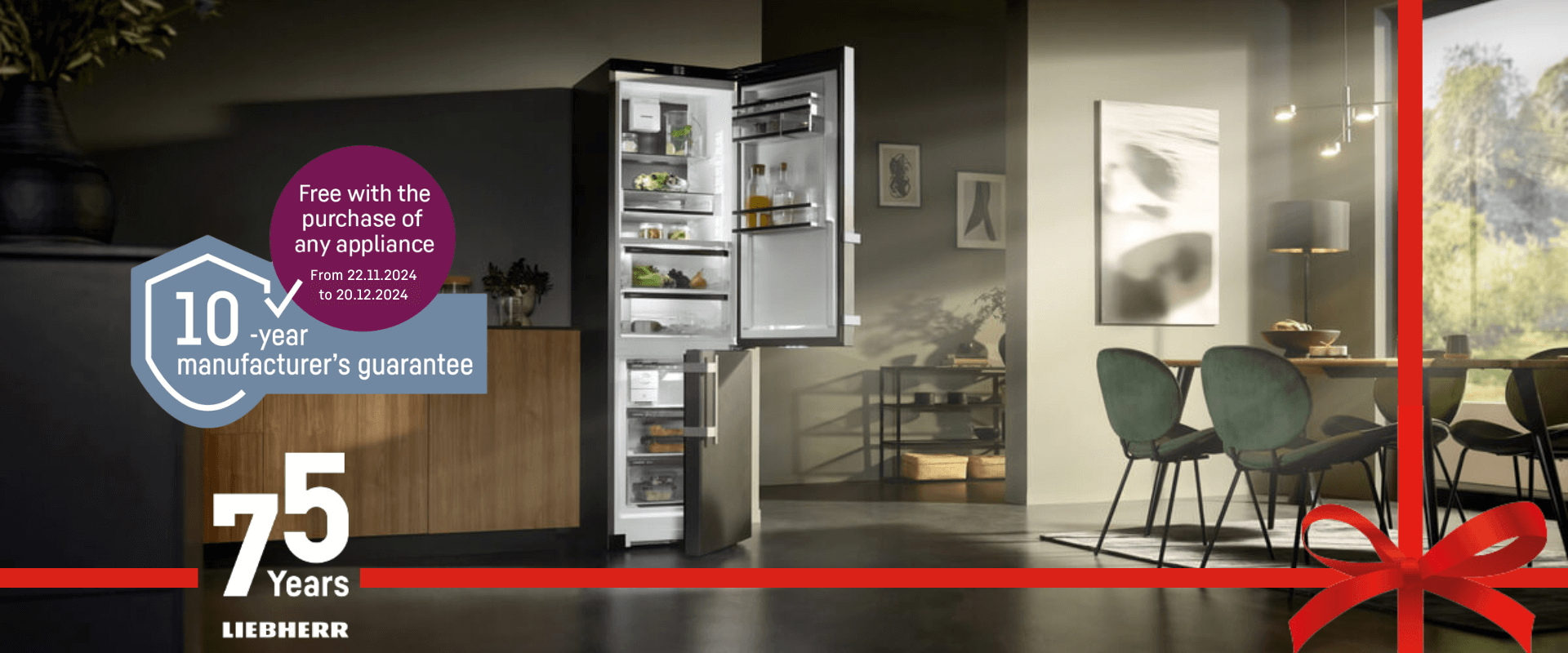 Open door fridge freezer with a red ribbon with two bubbles discussing the 75 year promotion