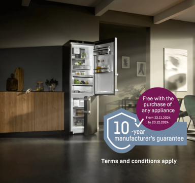 Close up of a open door fridge freezer with two text bubbles detailing the free 10 year guarantee