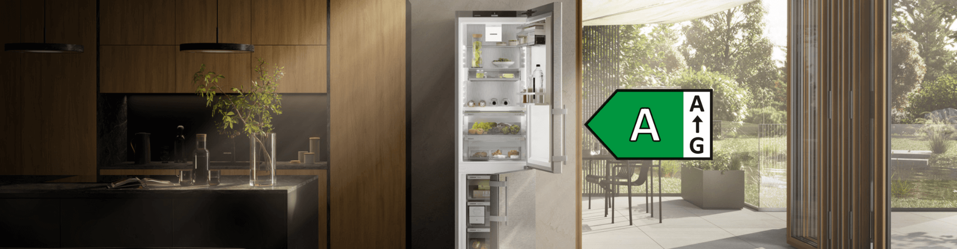 Open door fridge freezer with a label with an A inside showing the energy rating of the appliance