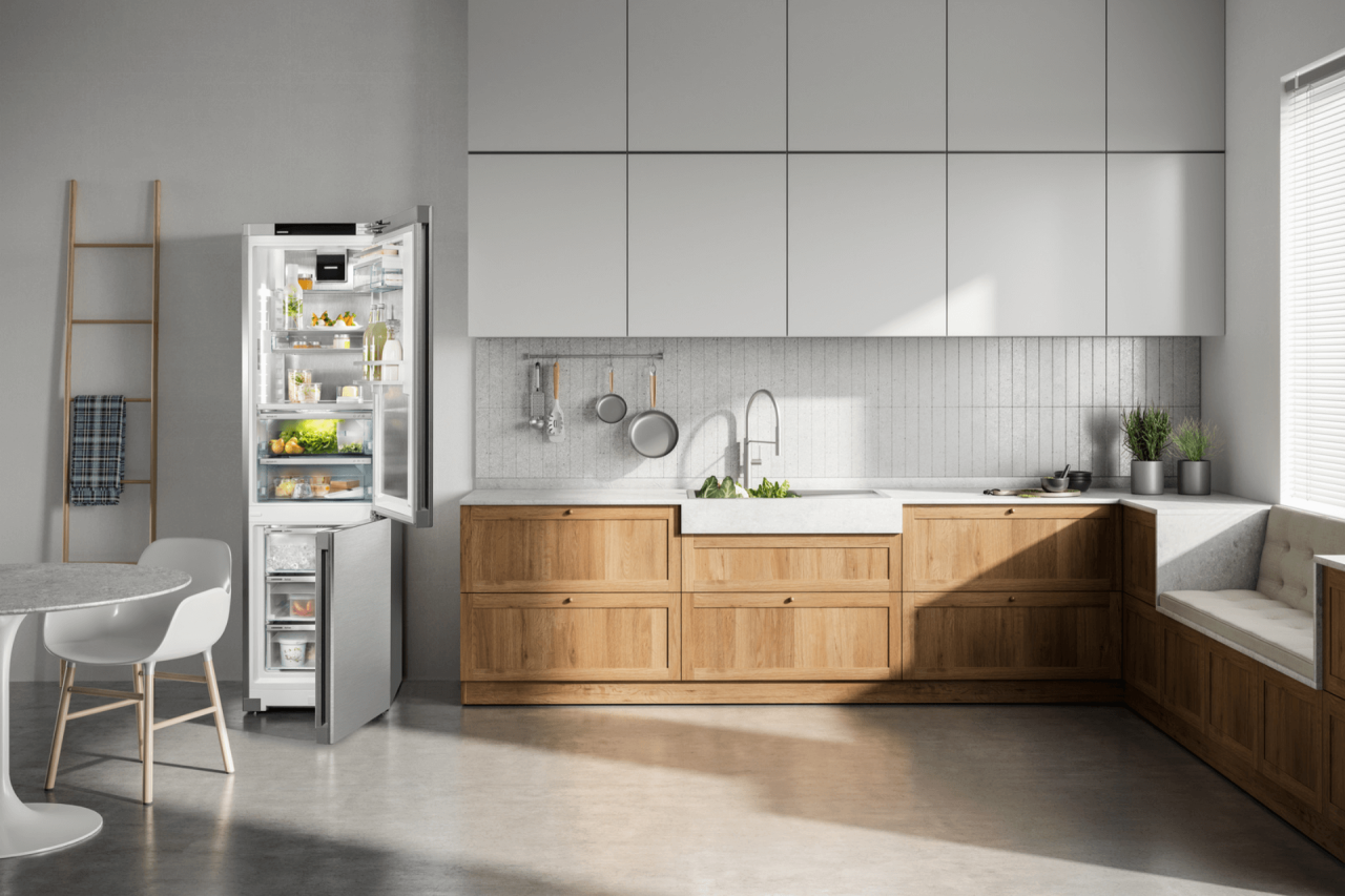 Close up of an open door fridge freezer in an open kitchen