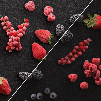 Frozen and fresh fruit on a black background with a comparison line