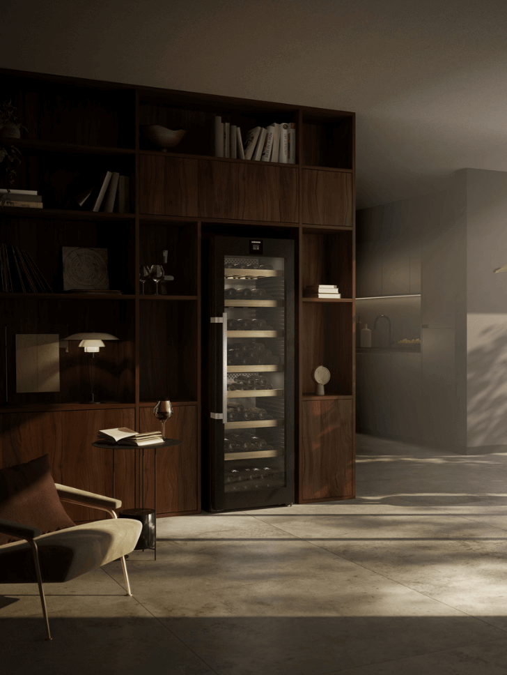 Dark toned modern room with a closed door wine fridge