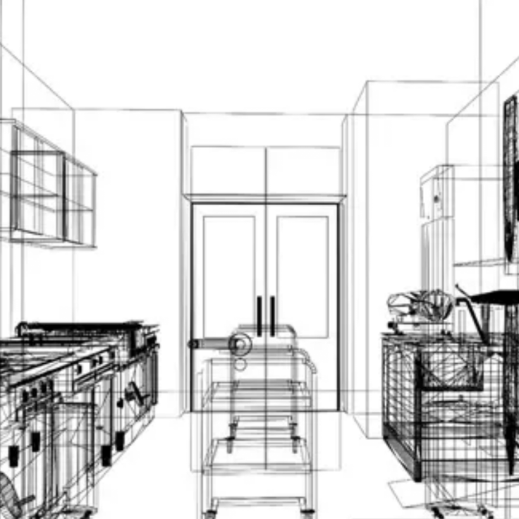 Outline of a drawing of a professional kitchen