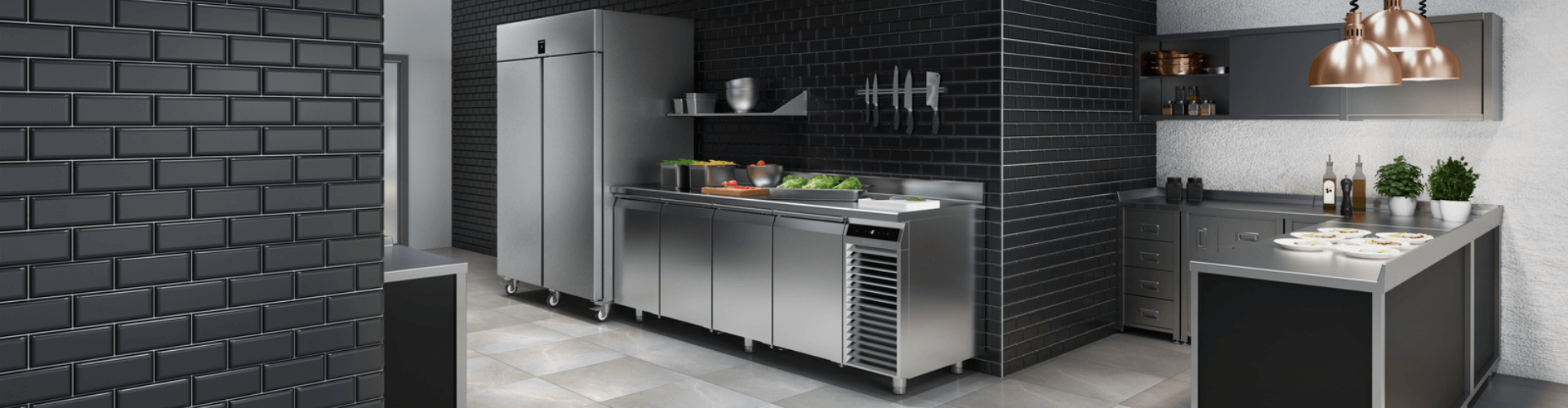 Modern dark toned kitchen with large commercial appliances and cooling counters