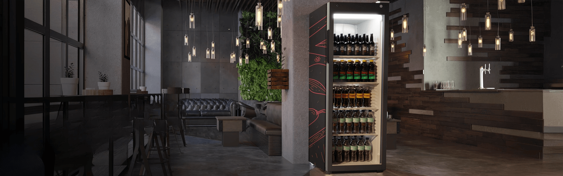 Glass door branded fridge filled with drinks in a restaurant