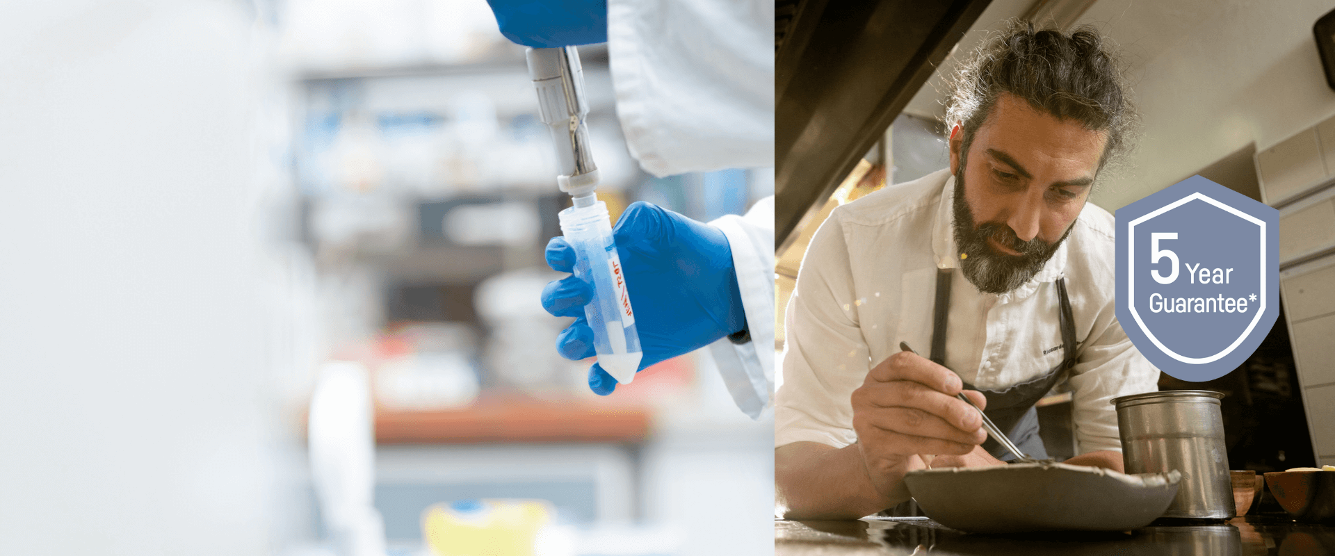 Split image showing a laboratory technician wearing gloves filling a sample tube, alongside a professional chef carefully plating food in a commercial kitchen. A 5-year guarante badge appears on the right, showing the Liebherr 5-year guarantee promotion.