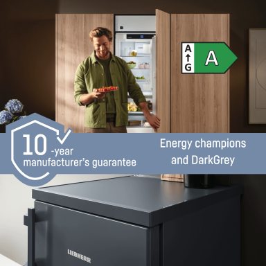 A rated Liebherr integrated fridge and freestanding DarkGrey under counter appliance. Dual image showing: top – an open-door integrated fridge with a man standing in front holding a palette of strawberries, with an A-rated green energy icon beside the door; bottom – a close-up of a DarkGrey under-counter appliance. The two images are separated by a light blue banner featuring the 10-year guarantee icon and the text “Energy Champions” and “DarkGrey”.
