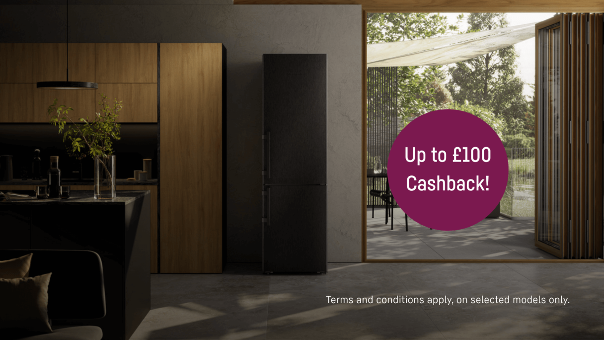 Blacksteel fridge freezer in a modern open-plan kitchen with a purple bubble displaying "up to £100 cashback", alongside text stating "terms and conditions apply. Promotion on selected models only"