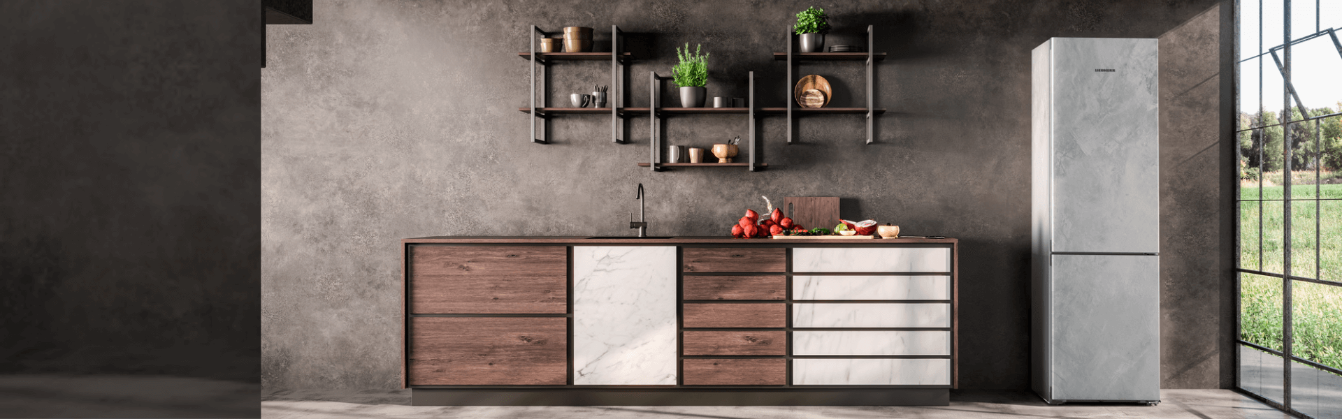 Closed-door marble design fridge freezer from the MyStyle range in a modern loft-style kitchen with an industrial-inspired look.