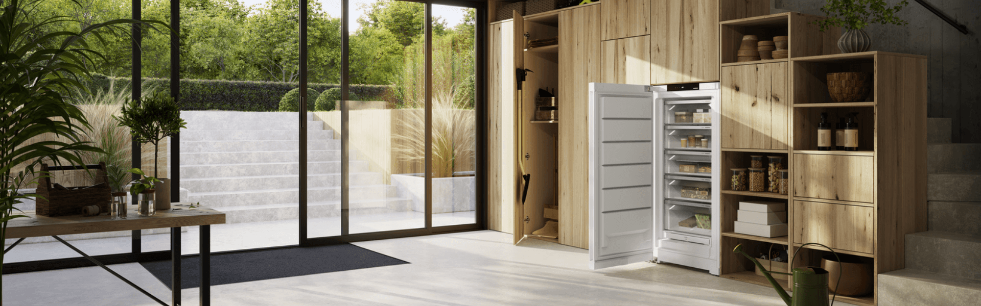 Open-door freezer in a modern open-plan room.