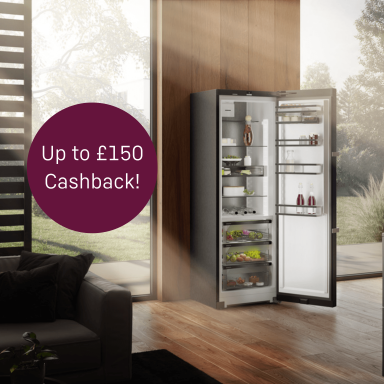 Open-door BlackSteel fridge in a modern dark-toned kitchen with a circle highlighting up to £150 cashback.