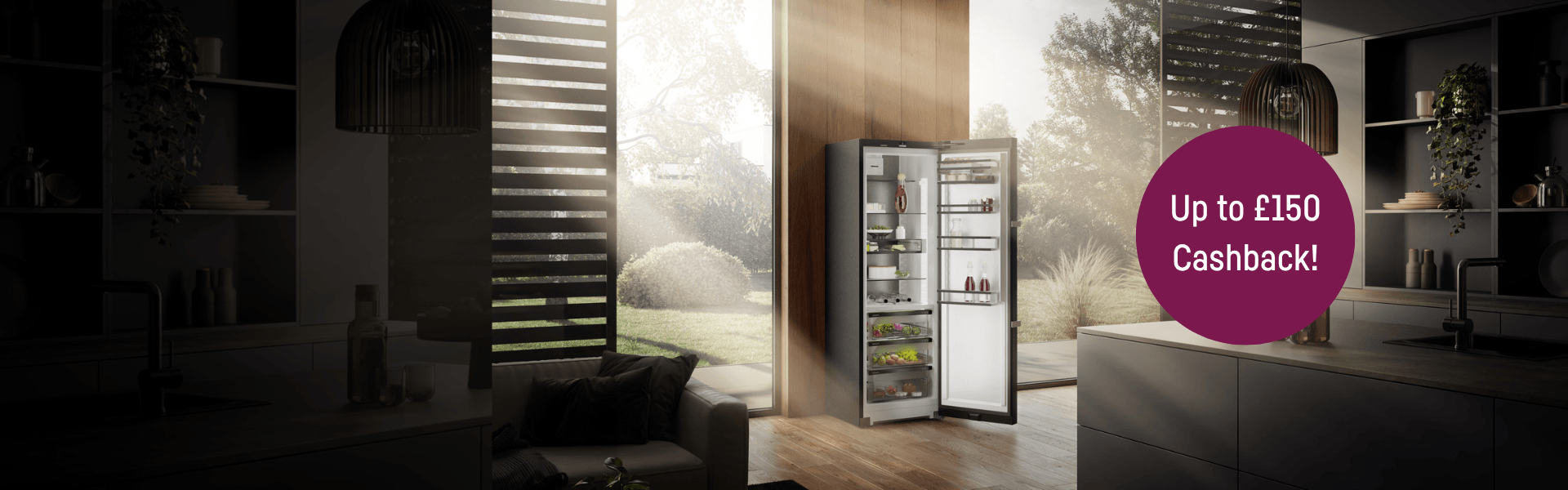 Open-door BlackSteel fridge in a modern dark-toned kitchen with a circle highlighting up to £150 cashback.