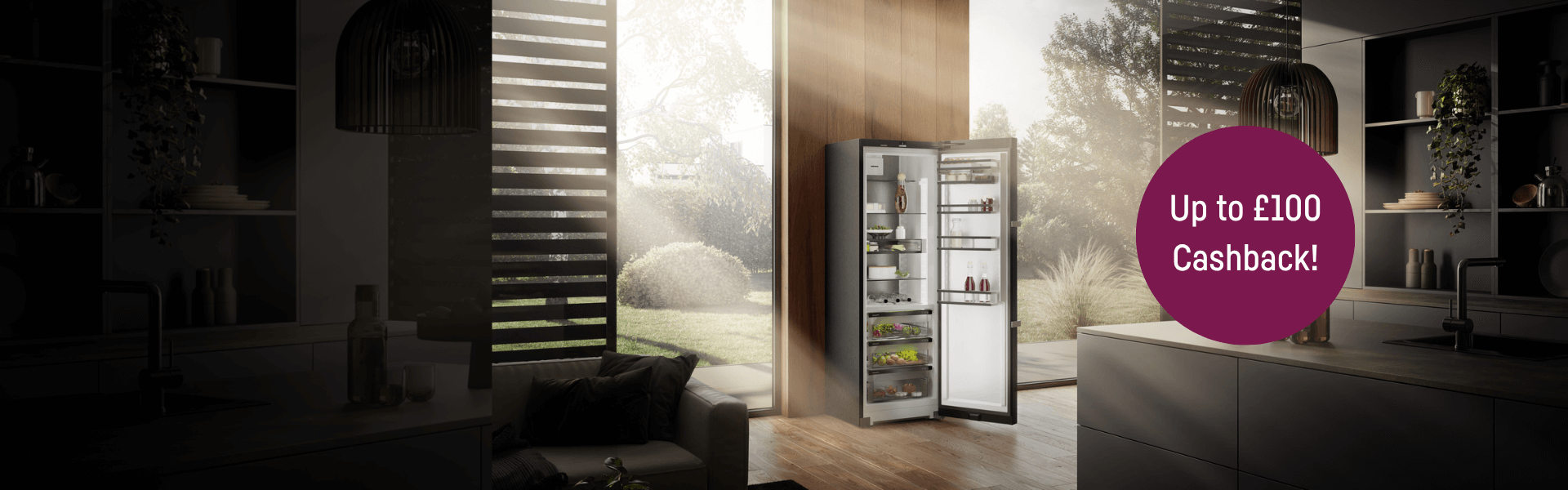 Open-door BlackSteel fridge in a modern dark-toned kitchen with a circle highlighting up to £100 cashback.