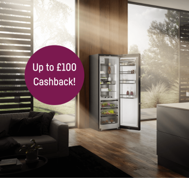 Open-door BlackSteel fridge in a modern dark-toned kitchen with a circle highlighting up to £100 cashback.