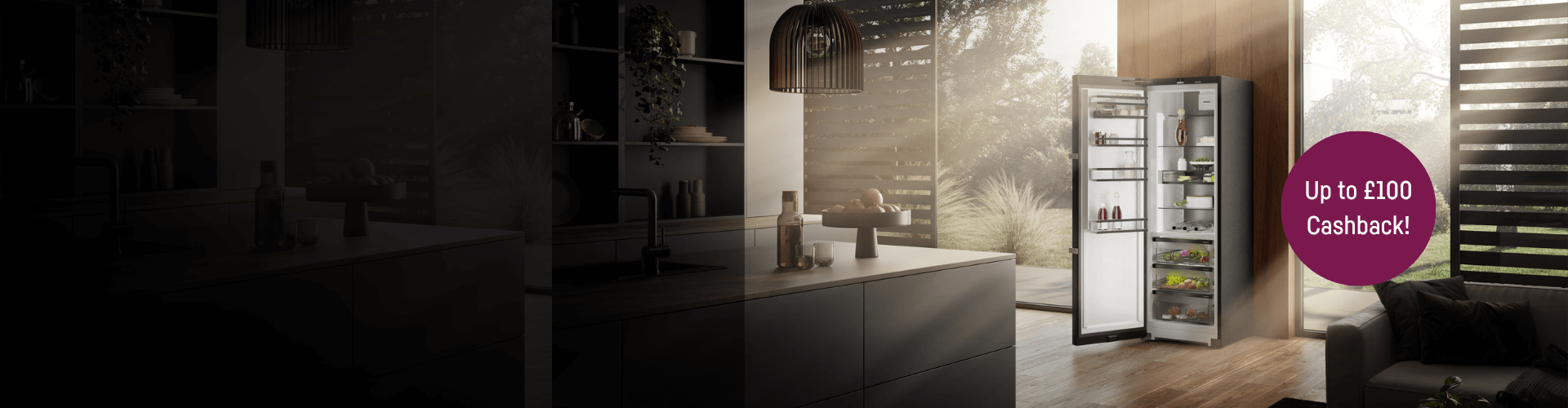 Open-door BlackSteel fridge in a modern dark-toned kitchen with a circle highlighting up to £100 cashback.