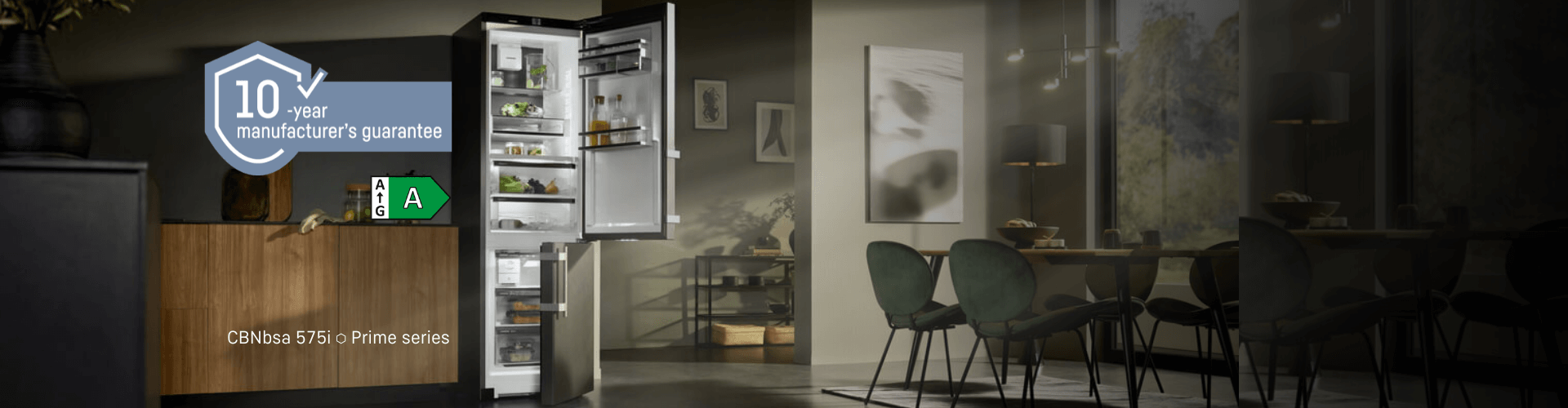 Open door fridge freezer in a modern kitchen with an A rated icon and a free 10 year guarantee icon with the description of the model at the bottom of the screen