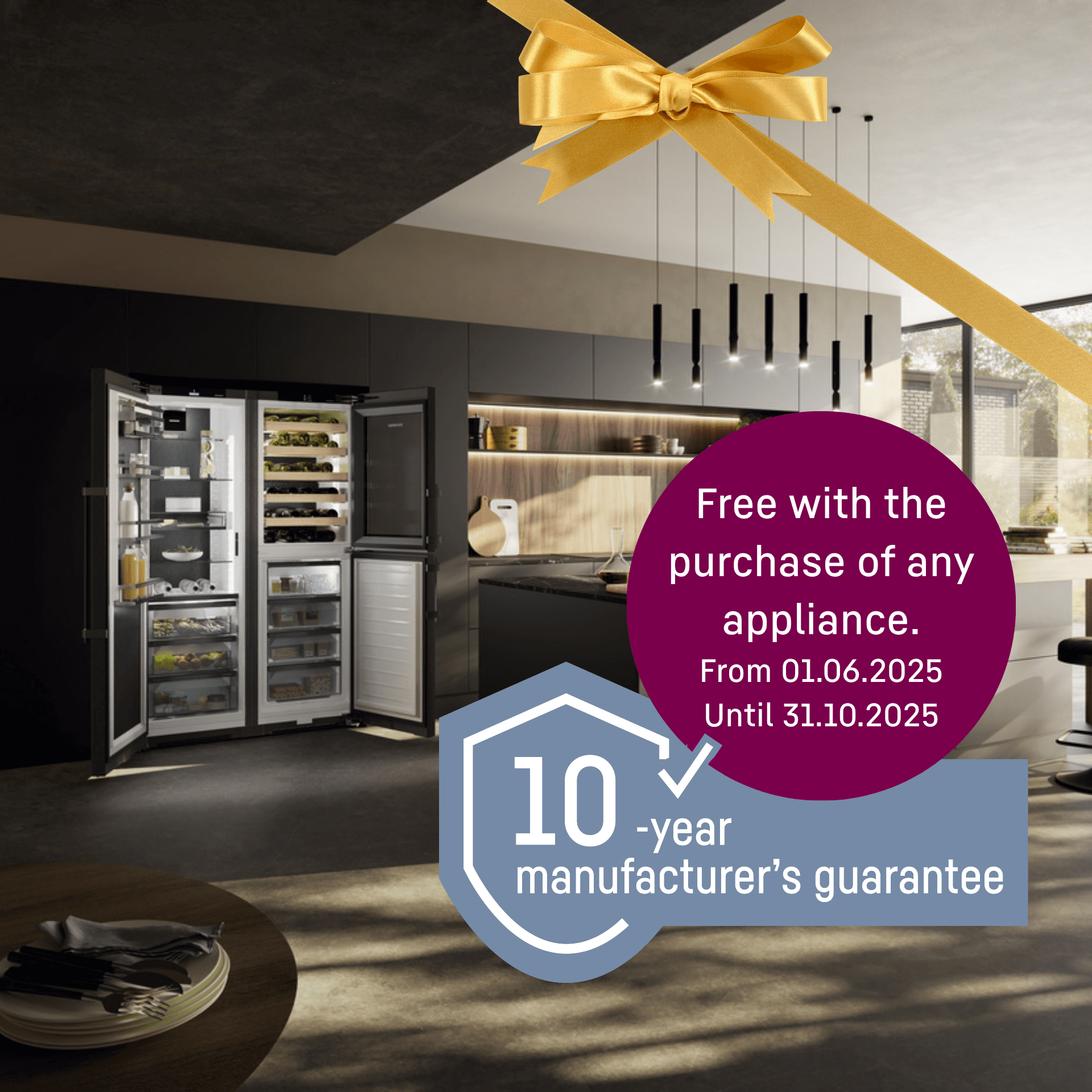 Side-by-side appliance with 10-year guarantee icon and promotional text showing extended purchase dates