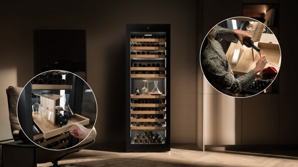WPgbi 5283 wine fridge The Liebherr WPgbi 5283 wine fridge displayed in a modern interior setting, accompanied by two circular inset images showcasing the applaince interior.