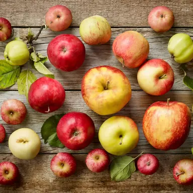 Äpfel in verschiedenen Größen und Farben liegen verteilt auf einem rustikalen Holzuntergrund.