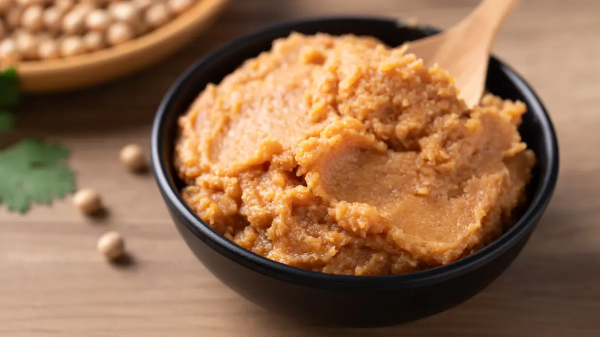Miso-Paste Miso-Paste in einer schwarzen Schale.