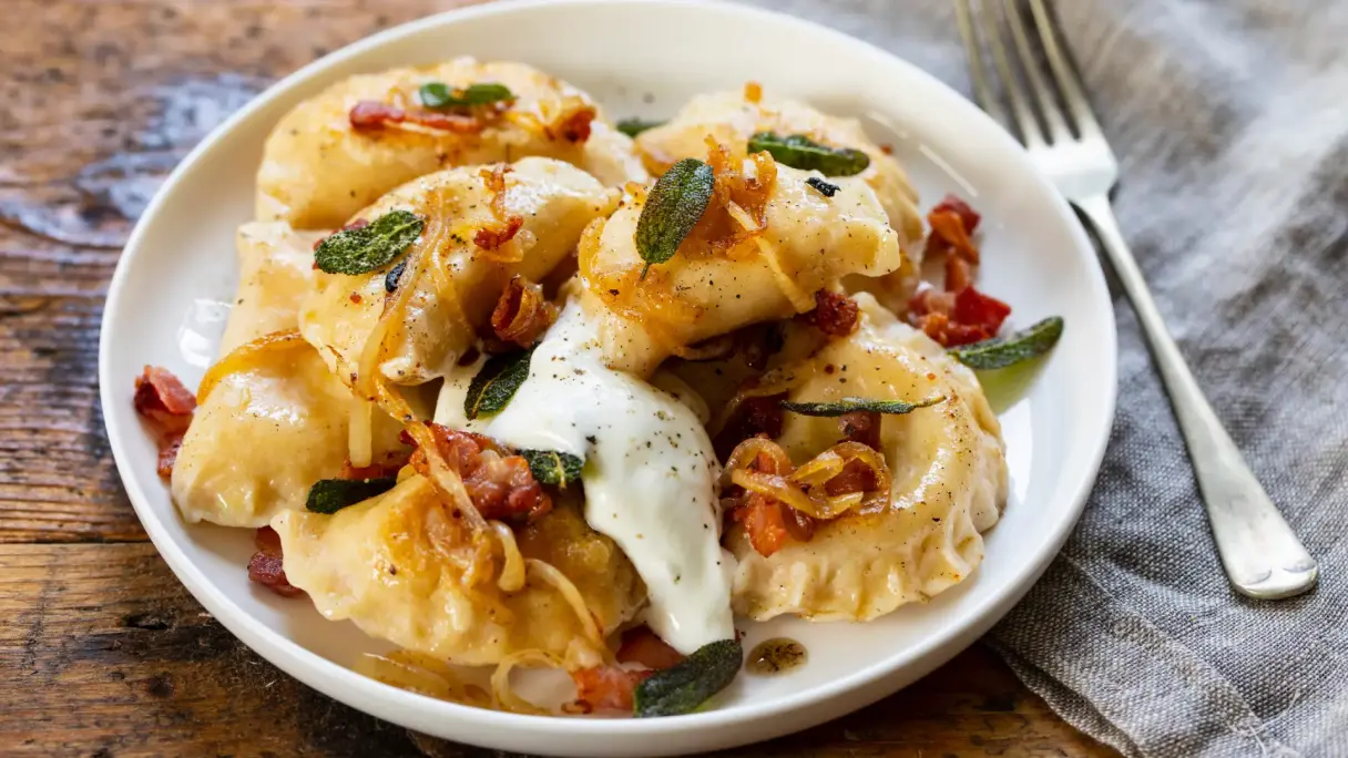 Eastern European dumplings served on a plate.