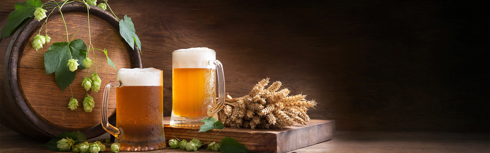 Bier lagern Temperatur Holzbierfass mit herabhängenden Hopfenzweigen, zwei frische Bierkrüge und Gerstenähren auf rustikalem Untergrund.