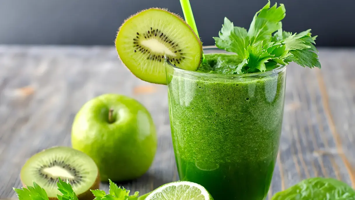 Ein Glas voll grünem, gesundem Smoothie steht auf einem Tisch. Eine Kiwischeibe steckt auf dem Glasrand sowie ein paar Blätter einer Sellerie-Stange befinden sich auf dem Smoothie als Topping. Eine halbe Kiwi, eine halbe Limette, ein Apfel, Spinatblätter und weitere Blätter einer Sellerie-Stange liegen vor dem Glas auf dem Tisch.