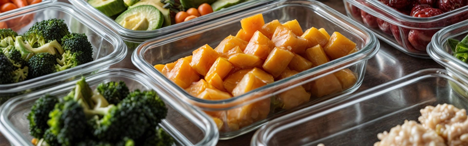 Einfrieren ohne Plastik Viele Glasbehälter, bunt gefüllt mit verschiedenen Lebensmitteln, auf dunklem Hintergrund.