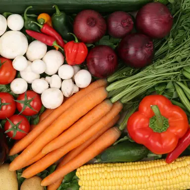 Eine Nahaufnahme von buntem Gemüse, darunter Paprika, Möhren und Tomaten als gesundes Essen bei Grippe