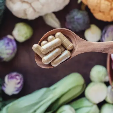 Holzlöffel mit  Kapseln, umgeben von verschiedenem frischem Gemüse.