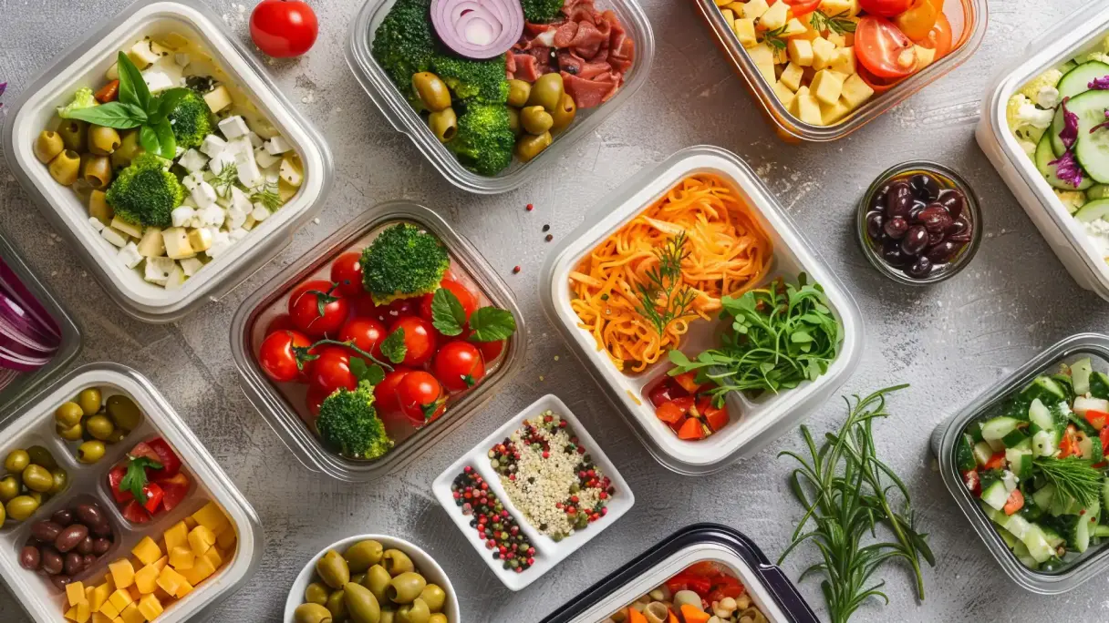 Viele verschiedene Dosen und kleine Schüsseln sind mit Gerichten und Snacks gefüllt. Beispiele sind eine kleine Portion Nudeln, Tomaten, Käsewürfel, Oliven, Fetasalat, Gurkensalat und Saaten als Topping.