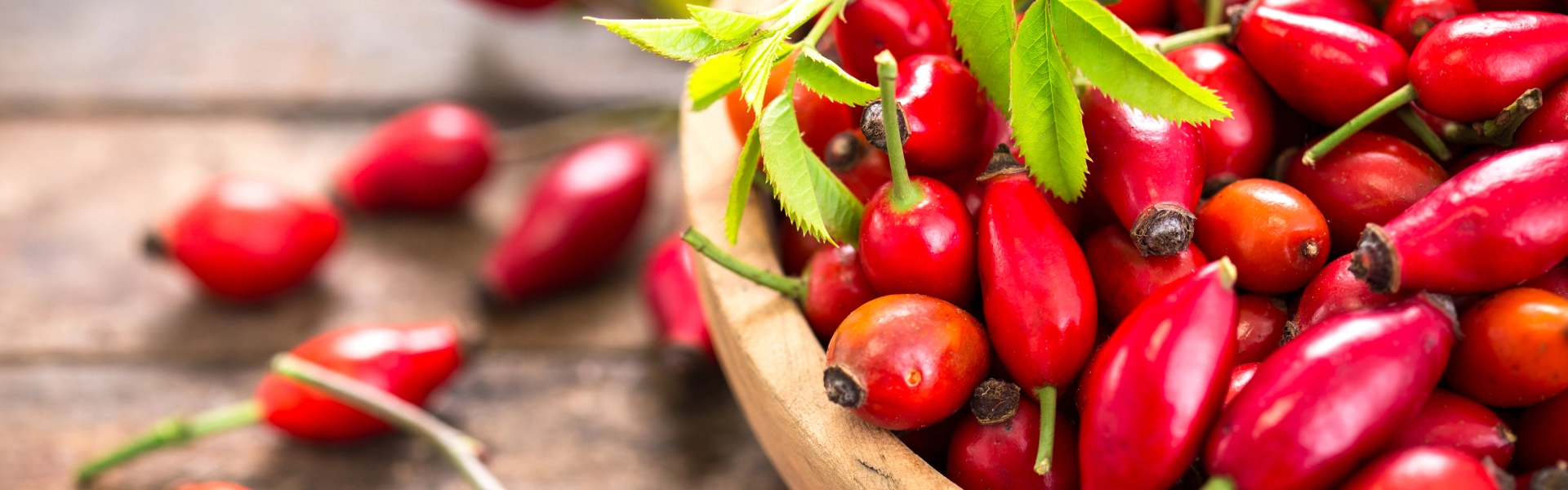 Rote Hagebuttenfrüchte in hölzerner Schüssel.