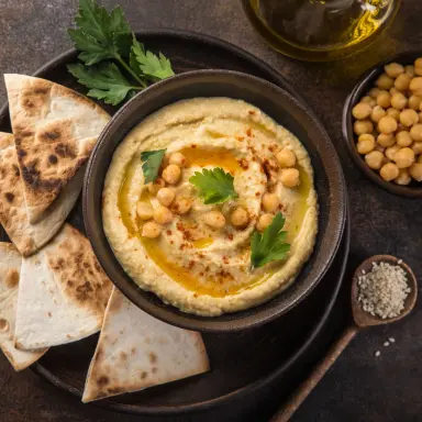 Hummus Hummus in einer Schale mit Brotscheiben daneben.