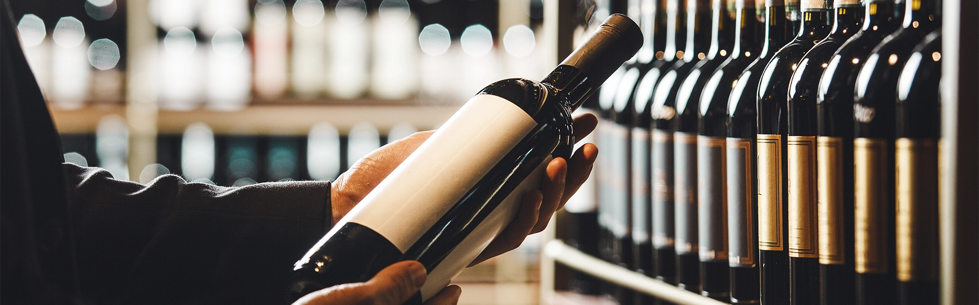 Person hält Weinflasche vor Weinregal und liest die Beschreibung auf dem Etikett aufmerksam.
