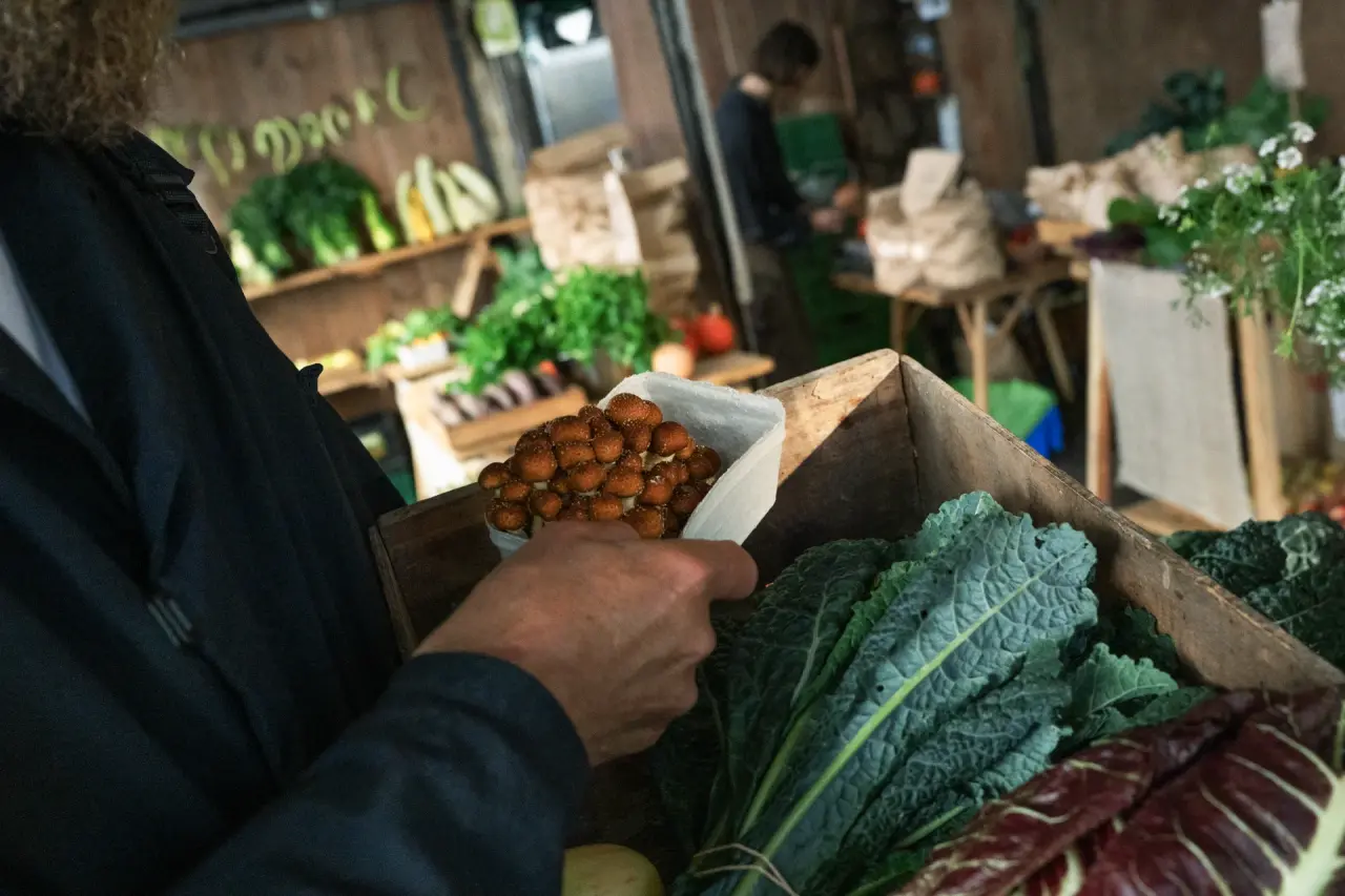 Wooden crate with fresh vegetables and mushrooms at a market stall, including kale and other varieties.