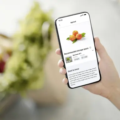 Hand holding a smartphone with the SmartDevice app; the screen shows food storage recommendations and additional service information for a fridge.