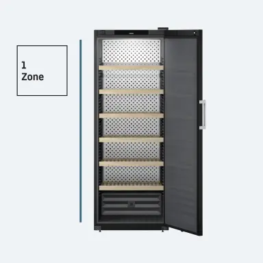 Freistehender Weinkühlschrank mit Glastür, Holzborden und einer Temperaturzone zur optimalen Weinlagerung