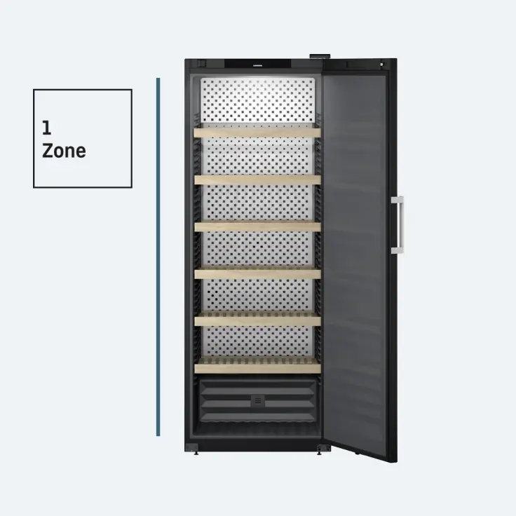 Liebherr one zone wine fridge with glass door and wooden shelves for long-term storage