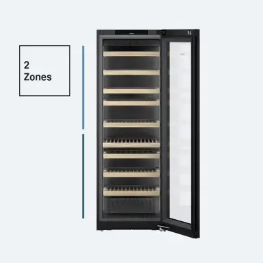 Freistehender Weinkühlschrank mit Glastür, Holzborden und zwei Temperaturzonen zur optimalen Weintemperierung