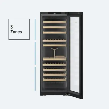 Freistehender Weinkühlschrank mit Glastür, Holzborden und drei Temperaturzonen zur optimalen Weintemperierung