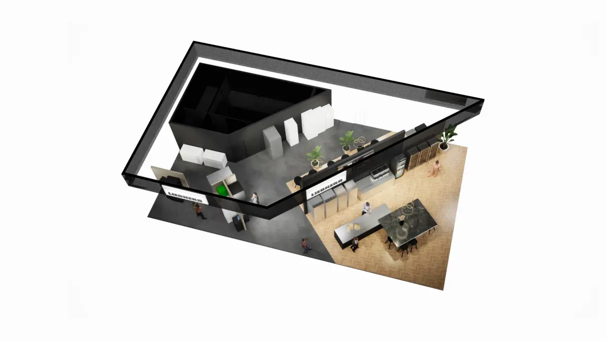 Liebherr HOST-Messestand 2025 mit verschiedenen Bereichen aus der Vogelperspektive