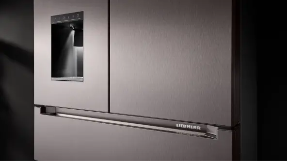 Zoom in of a French Door fridge with TerraSteel finish