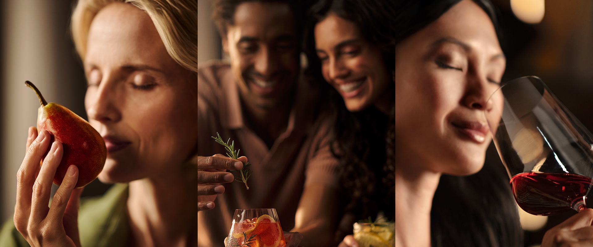 Four people enjoy food, such as a pear, a glass of wine or an iced drink with rosemary